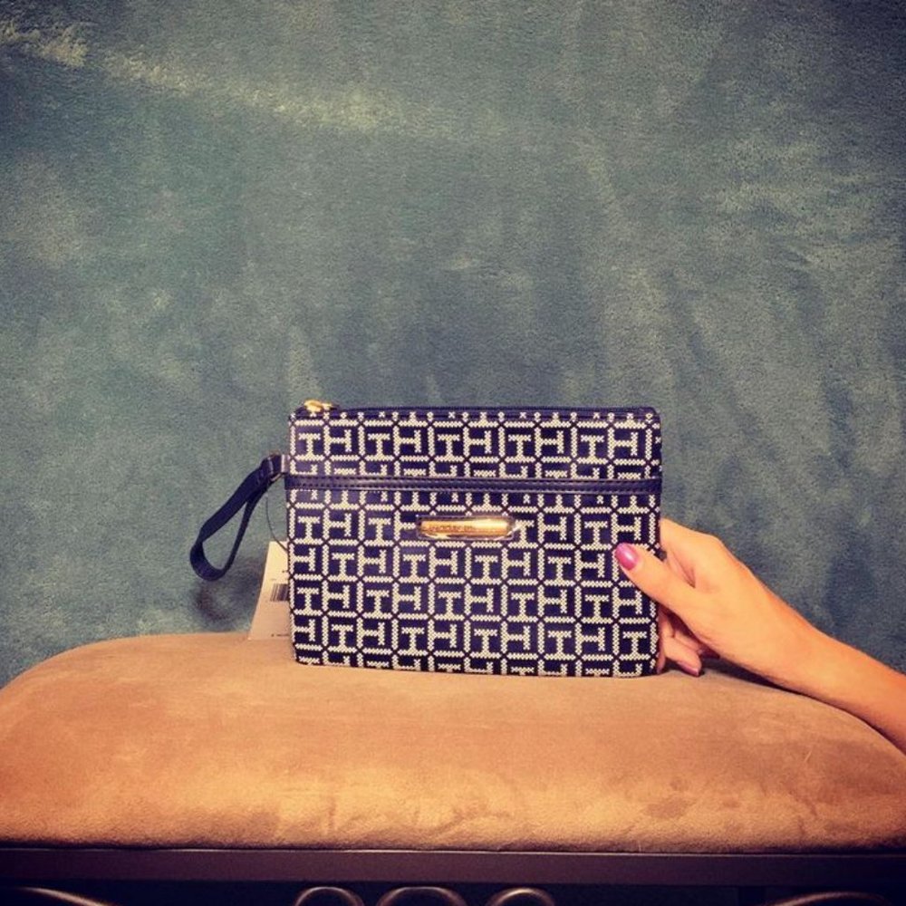 White and Blue Tommy Hilfiger Wristlet